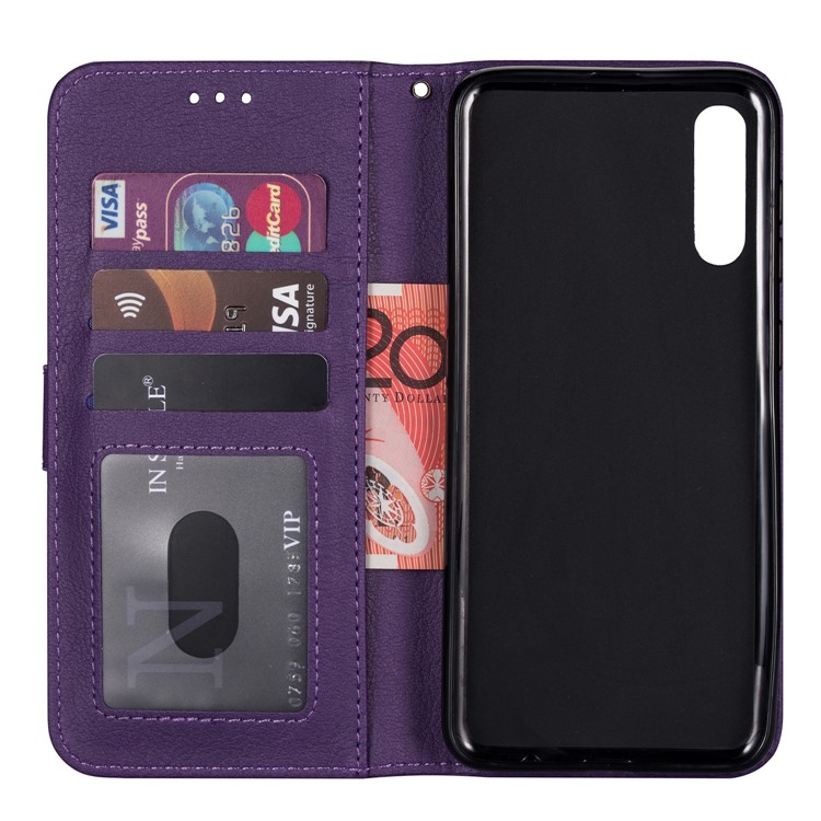 Zipper Pocket Wallet Stand Flip Leather Phone Shell with Strap for Samsung Galaxy A70 - Purple-4