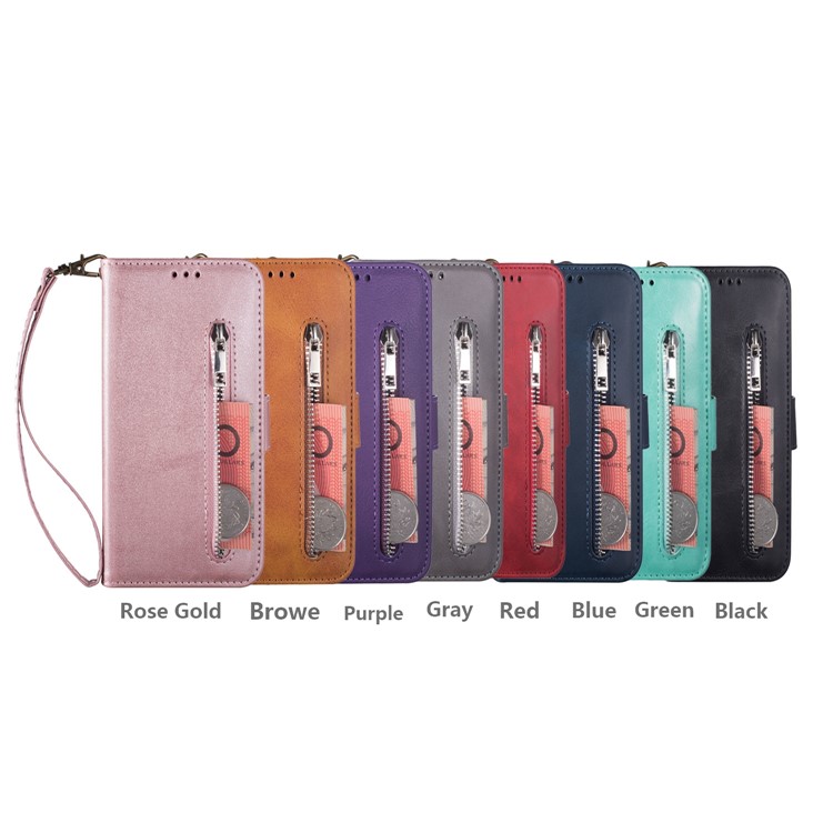 Zipper Wallet Flip Stand Leather Phone Cover with Strap for Samsung Galaxy A50 - Black-8