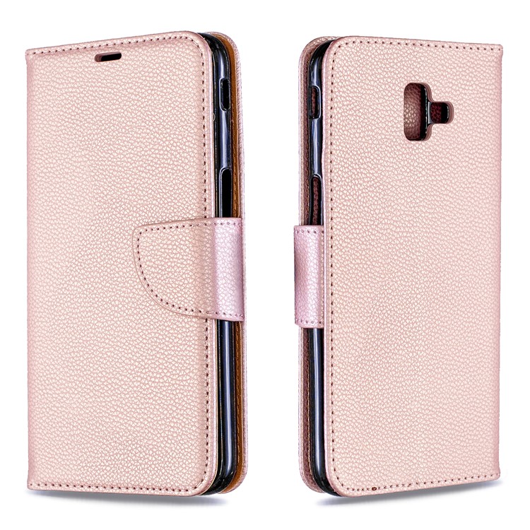 Litchi Texture PU Leather Phone Wallet Stand Cover Case for Samsung Galaxy J6 Plus (2018) - Rose Gold-4
