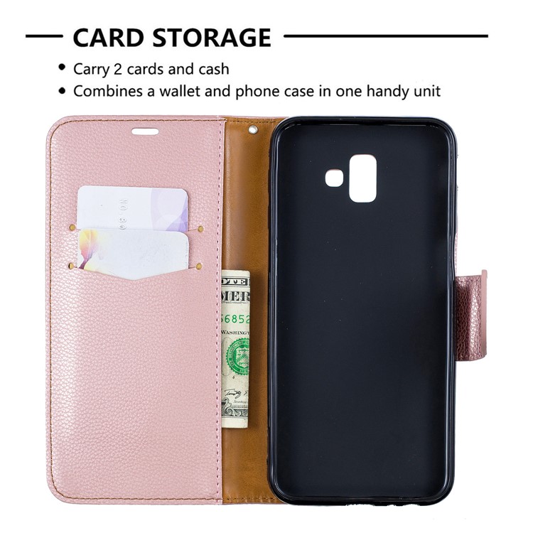 Litchi Texture PU Leather Phone Wallet Stand Cover Case for Samsung Galaxy J6 Plus (2018) - Rose Gold-6