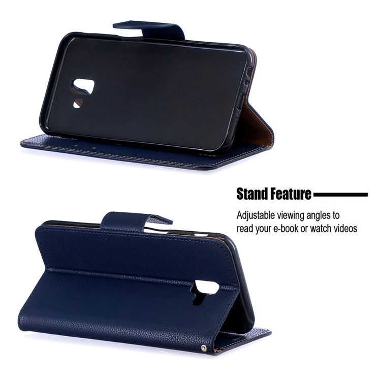 Litchi Texture PU Leather Phone Wallet Stand Cover Case for Samsung Galaxy J6 Plus (2018) - Dark Blue-5