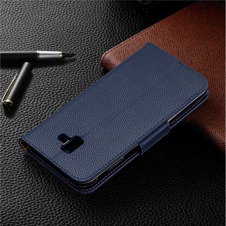 Litchi Texture PU Leather Phone Wallet Stand Cover Case for Samsung Galaxy J6 Plus (2018) - Dark Blue-8