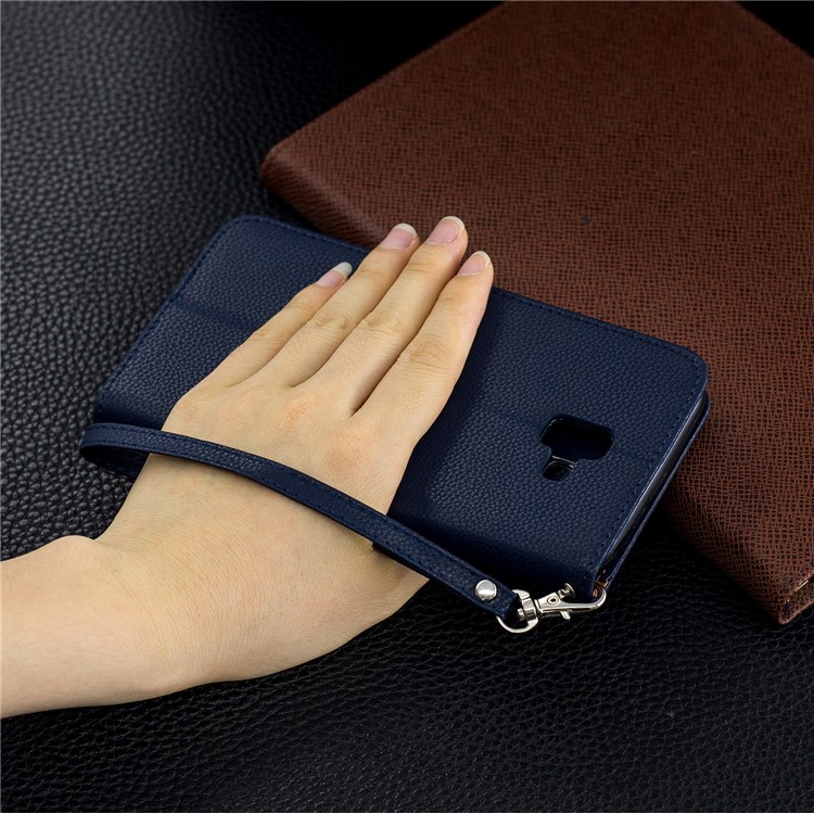 Litchi Texture PU Leather Phone Wallet Stand Cover Case for Samsung Galaxy J6 Plus (2018) - Dark Blue-9