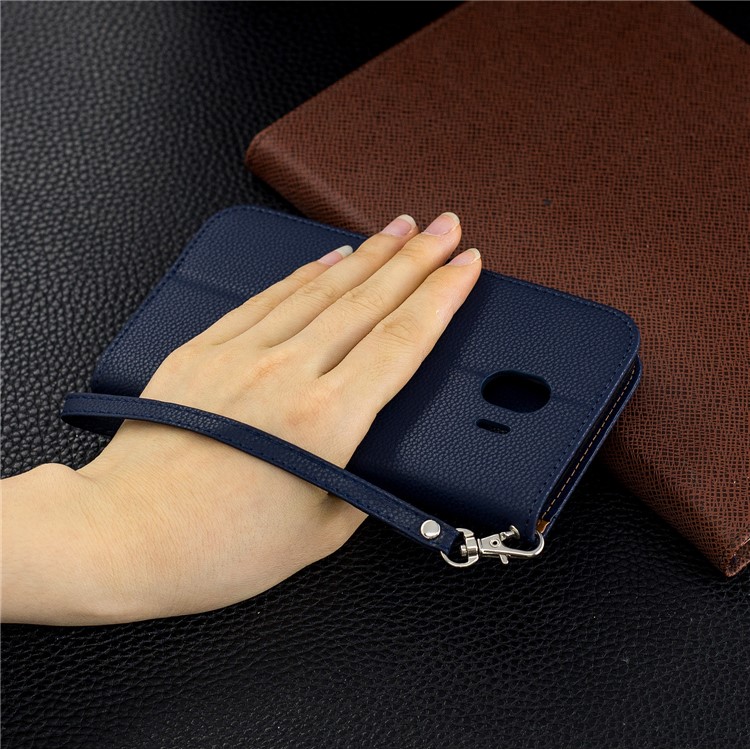 Litchi Texture PU Leather Phone Wallet Stand Cover Case for Samsung Galaxy J4 (2018) - Dark Blue-9