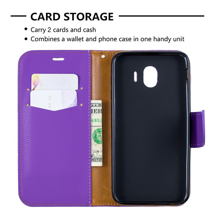 Litschi Textur PU Leder Telefon Brieftasche Ständer Abdeckung Fall Für Samsung Galaxy J4 (2018) - Lila-6