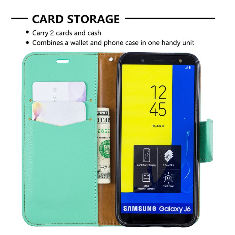 Litchi Texture Leather Wallet Stand Case for Samsung Galaxy J6 (2018) - Green-6