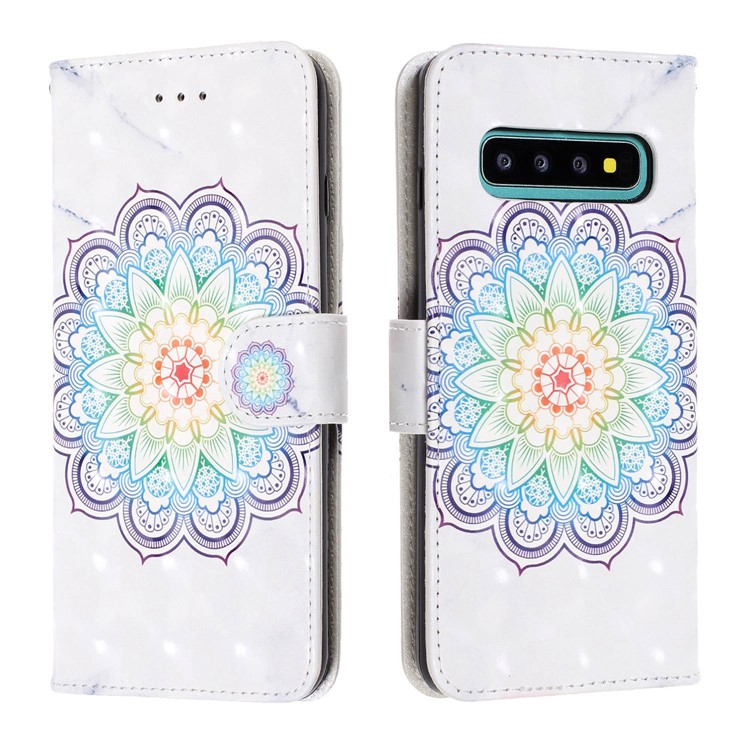 Pattern Printing Light Spot Decor Wallet Stand Leather Phone Case with Strap for Samsung Galaxy S10 - Mandala Flower-2