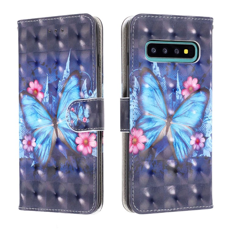 Pattern Printing Light Spot Decor Wallet Stand Leather Phone Case with Strap for Samsung Galaxy S10 - Blue Butterflies-2
