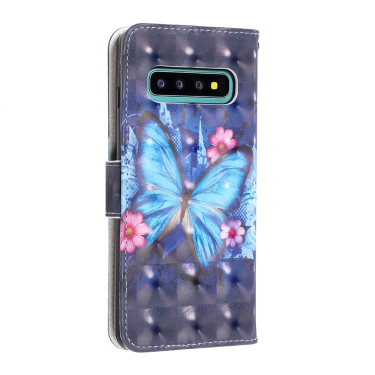 Pattern Printing Light Spot Decor Wallet Stand Leather Phone Case with Strap for Samsung Galaxy S10 - Blue Butterflies-4