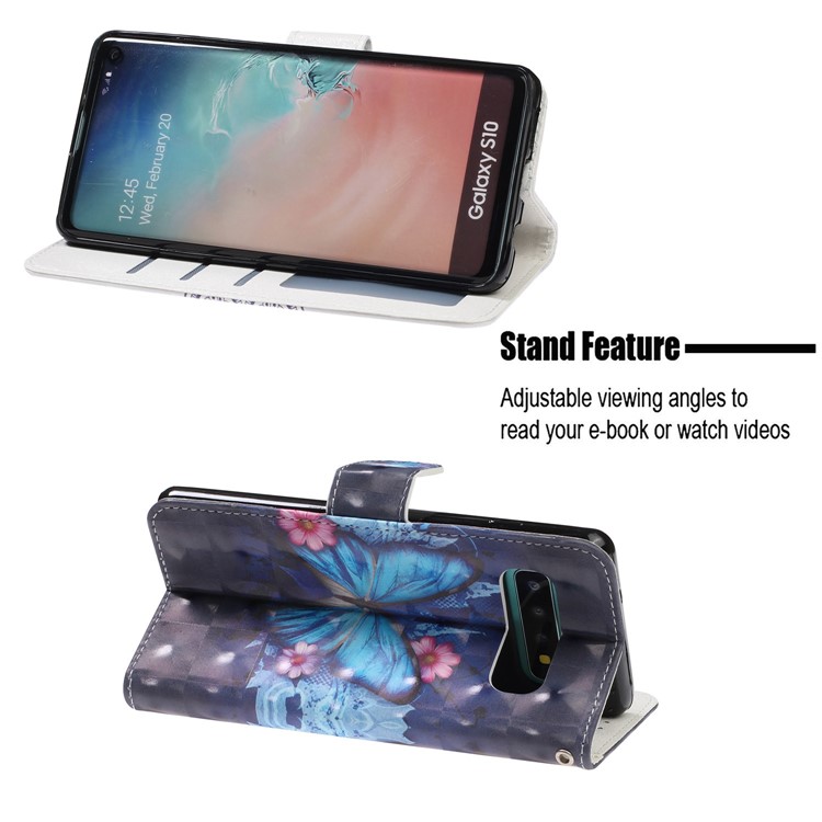 Pattern Printing Light Spot Decor Wallet Stand Leather Phone Case with Strap for Samsung Galaxy S10 - Blue Butterflies-7