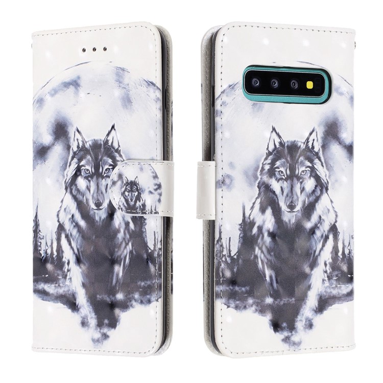 Pattern Printing Light Spot Decor Wallet Stand Leather Phone Case with Strap for Samsung Galaxy S10 - Wolf-2