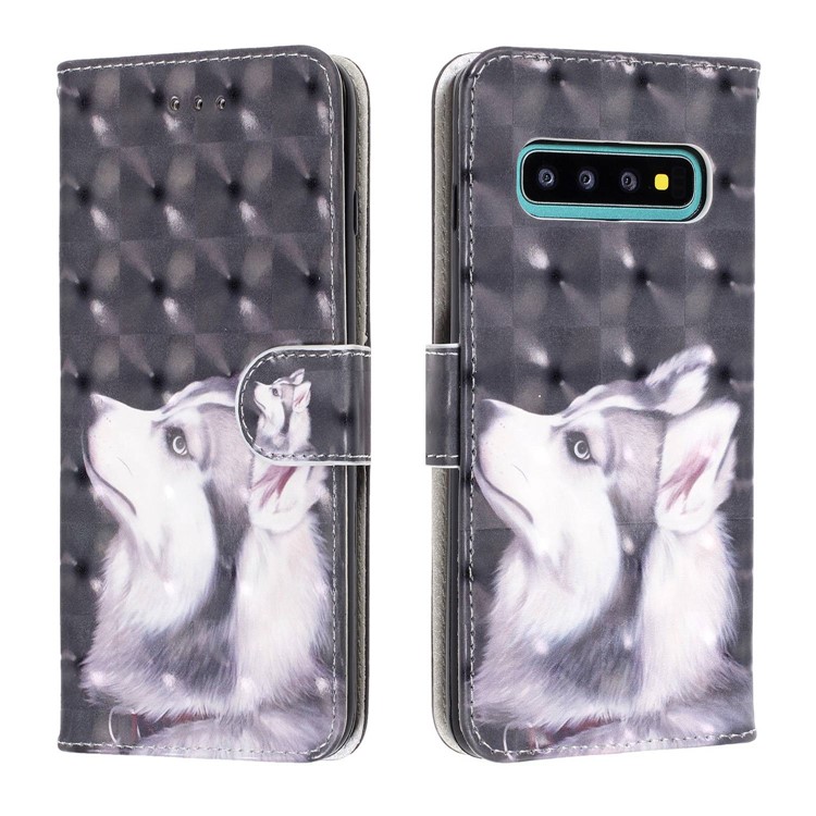 Pattern Printing Light Spot Decor Wallet Stand Leather Phone Case with Strap for Samsung Galaxy S10 - White Wolf-2
