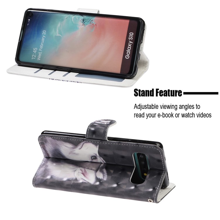 Pattern Printing Light Spot Decor Wallet Stand Leather Phone Case with Strap for Samsung Galaxy S10 - White Wolf-7