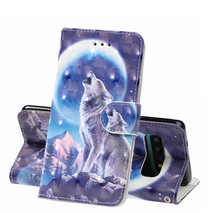 Pattern Printing Light Spot Decor Wallet Stand Leather Phone Case with Strap for Samsung Galaxy S10 - Moonlight and Wolf-1