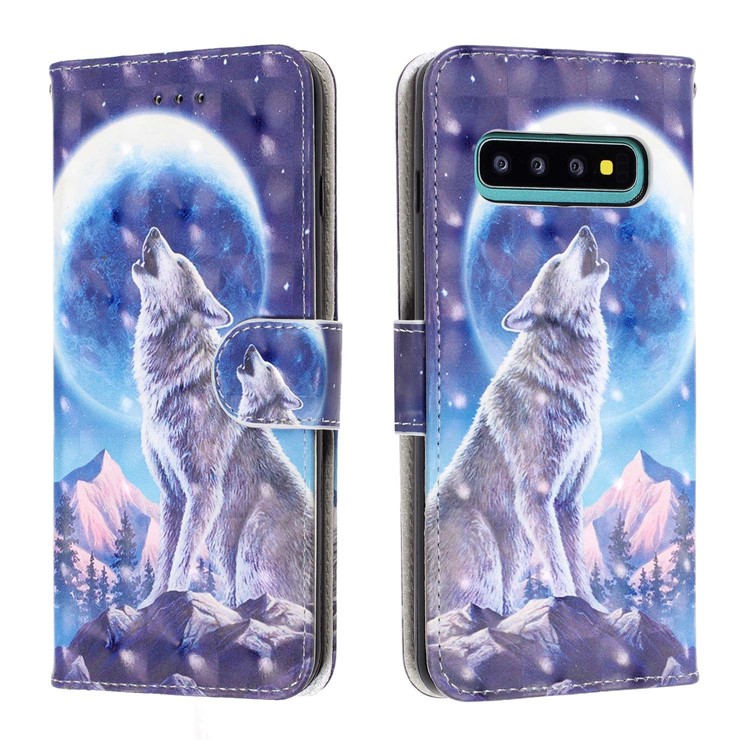 Pattern Printing Light Spot Decor Wallet Stand Leather Phone Case with Strap for Samsung Galaxy S10 - Moonlight and Wolf-2