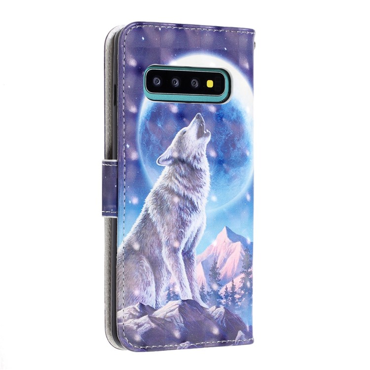 Pattern Printing Light Spot Decor Wallet Stand Leather Phone Case with Strap for Samsung Galaxy S10 - Moonlight and Wolf-4