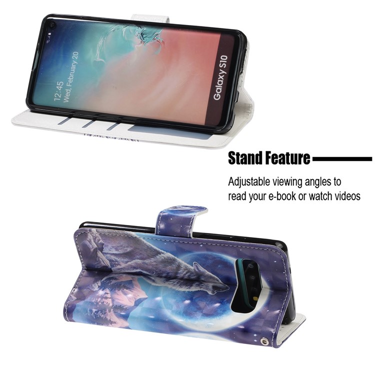 Pattern Printing Light Spot Decor Wallet Stand Leather Phone Case with Strap for Samsung Galaxy S10 - Moonlight and Wolf-7