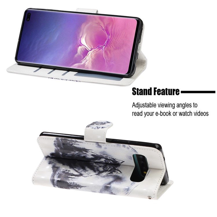 Pattern Printing Light Spot Decor Wallet Flip Leather Protective Cover with Strap for Samsung Galaxy S10 Plus - Wolf-7