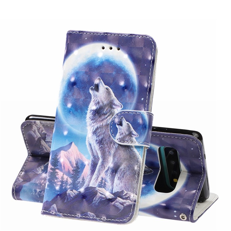 Pattern Printing Light Spot Decor Wallet Flip Leather Protective Cover with Strap for Samsung Galaxy S10 Plus - Moonlight and Wolf-1