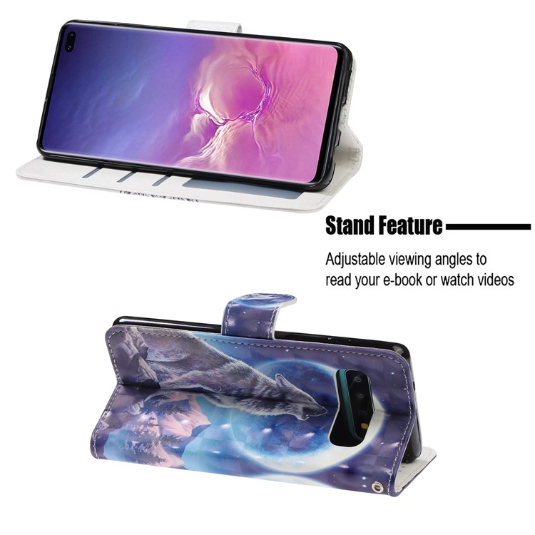Pattern Printing Light Spot Decor Wallet Flip Leather Protective Cover with Strap for Samsung Galaxy S10 Plus - Moonlight and Wolf-7