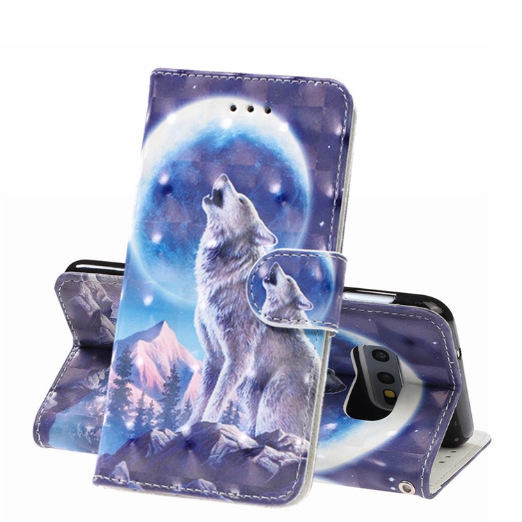 Pattern Printing Light Spot Decor Leather Wallet Cover with Strap for Samsung Galaxy S10e - Moonlight and Wolf-1