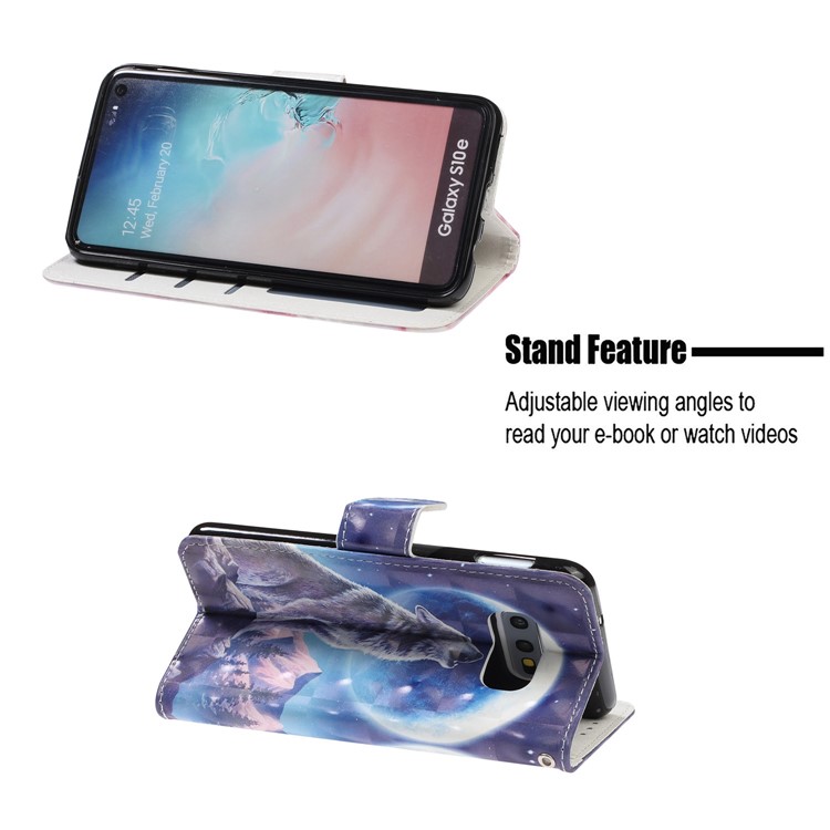 Pattern Printing Light Spot Decor Leather Wallet Cover with Strap for Samsung Galaxy S10e - Moonlight and Wolf-7