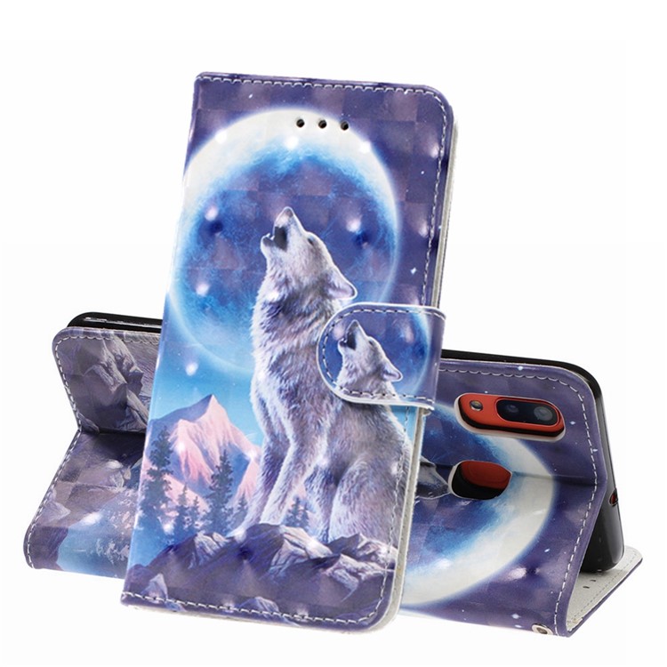 Light Spot Pattern Printing Leather Wallet Case for Samsung Galaxy A20/A30 - Wolf Moon-1