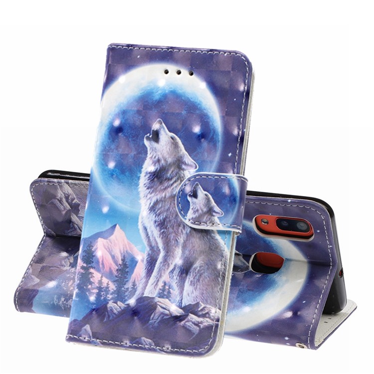 Light Spot Decor Patterned Leather Wallet Case for Samsung Galaxy A40 - Wolf and Moonlight-1