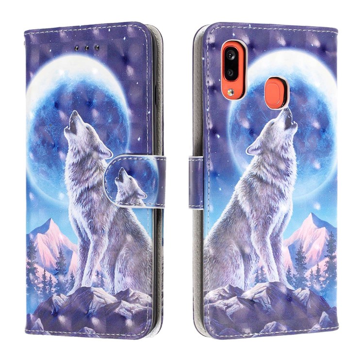 Light Spot Decor Patterned Leather Wallet Case for Samsung Galaxy A40 - Wolf and Moonlight-2