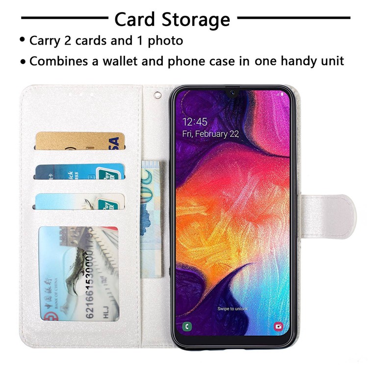 Light Spot Decor Pattern Printing Leather Wallet Stand Case for Samsung Galaxy A50 - Flower-9