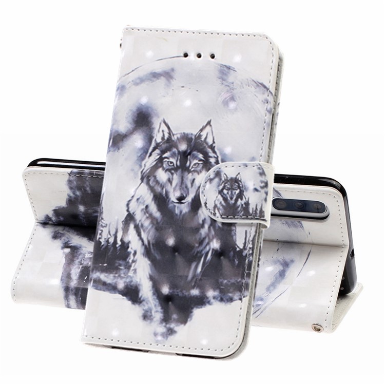 Light Spot Decor Pattern Printing Leather Wallet Stand Case for Samsung Galaxy A50 - Wolf-1