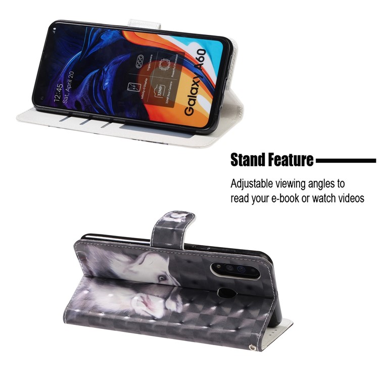Light Spot Decor Patterned Leather Wallet Case for Samsung Galaxy A60 - White Wolf-4