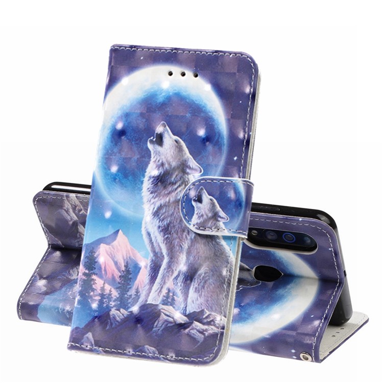 Light Spot Decor Patterned Leather Wallet Case for Samsung Galaxy A60 - Wolf and Moonlight-1