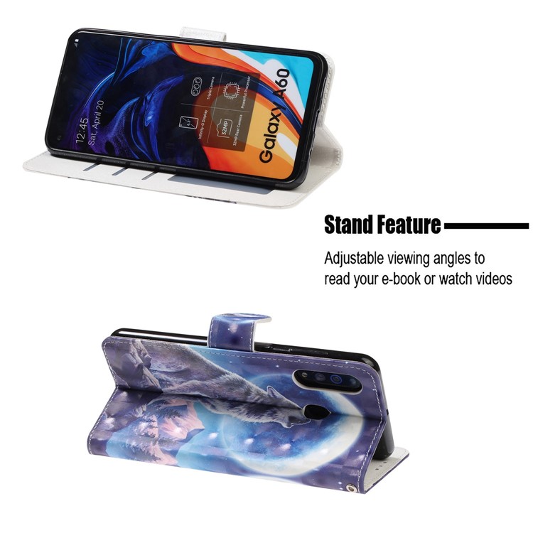 Light Spot Decor Patterned Leather Wallet Case for Samsung Galaxy A60 - Wolf and Moonlight-7