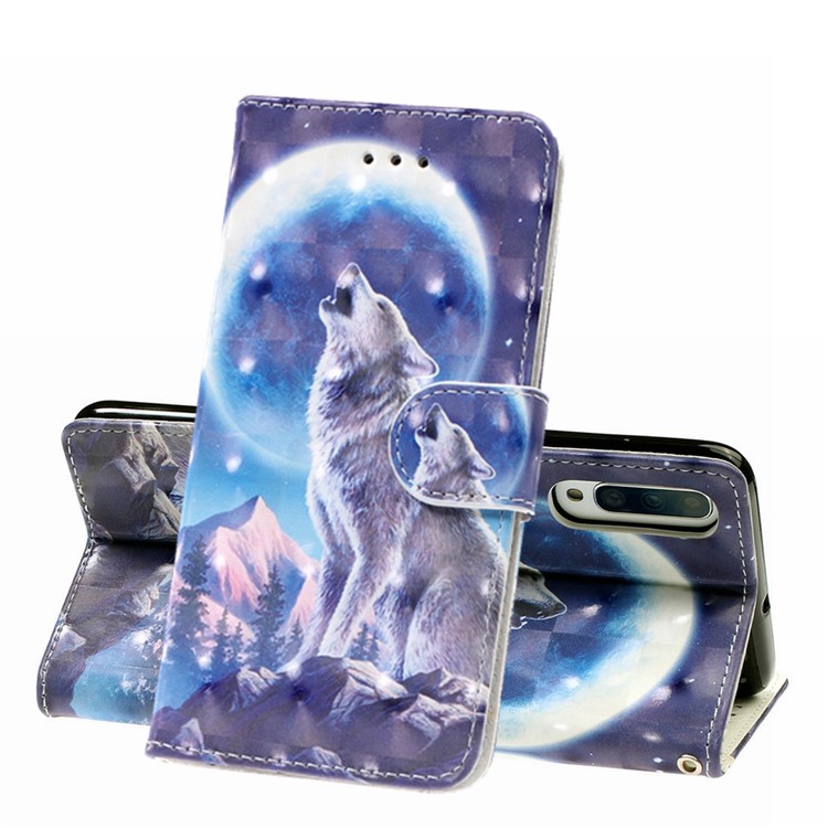 Light Spot Decor Patterned Leather Wallet Case for Samsung Galaxy A70 - Wolf and Moonlight-1