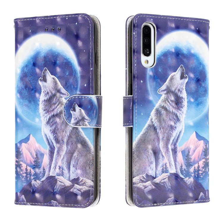 Light Spot Decor Patterned Leather Wallet Case for Samsung Galaxy A70 - Wolf and Moonlight-2