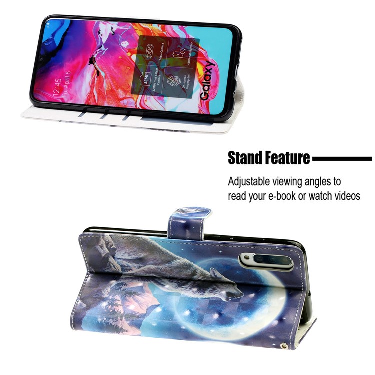 Light Spot Decor Patterned Leather Wallet Case for Samsung Galaxy A70 - Wolf and Moonlight-7
