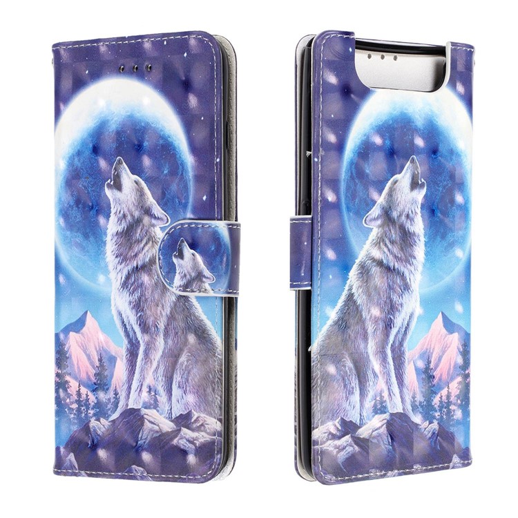 Caso De Suporte De Carteira De Couro De Impressão De Padrão De Luz Ponto De Decoração Para Samsung Galaxy A80 / A90 - Lua E Lobo-2