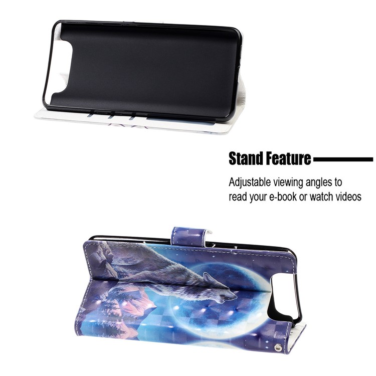 Caso De Suporte De Carteira De Couro De Impressão De Padrão De Luz Ponto De Decoração Para Samsung Galaxy A80 / A90 - Lua E Lobo-7