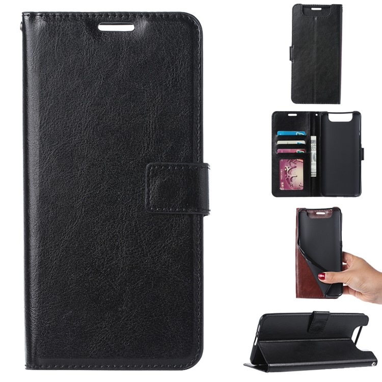 Wallet Stand Crazy Horse Texture Leather Phone Case for Samsung Galaxy A80/A90 - Black-1