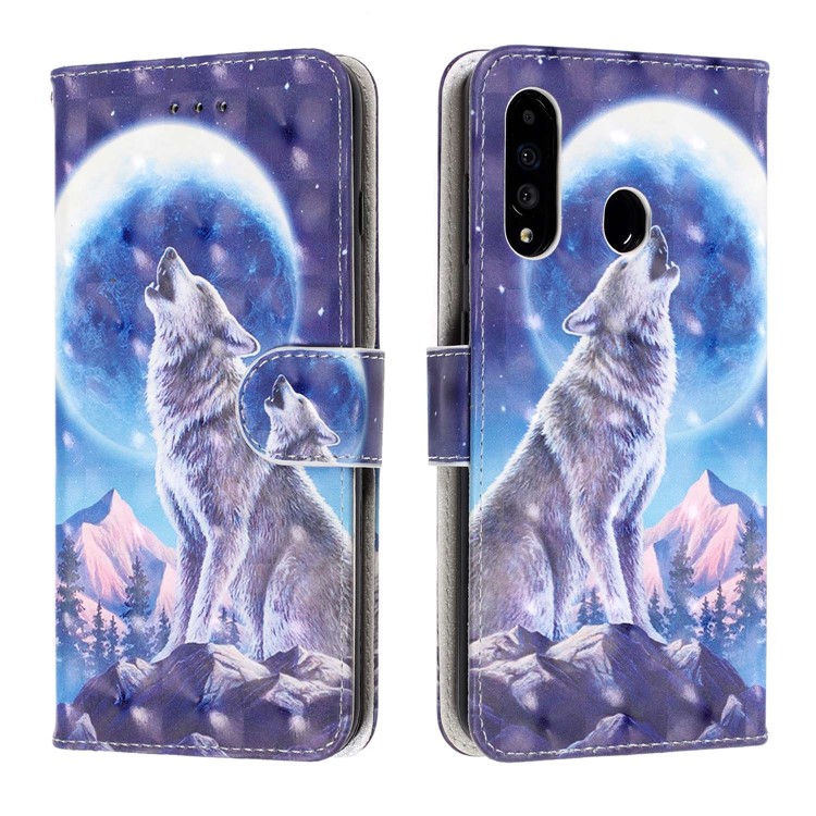 Pattern Printing Light Spot Decor Leather Wallet Phone Casing with Strap for Samsung Galaxy A40s - Moonlight and Wolf-2