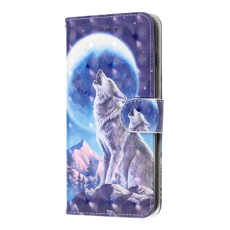 Pattern Printing Light Spot Decor Leather Wallet Phone Casing with Strap for Samsung Galaxy A40s - Moonlight and Wolf-3