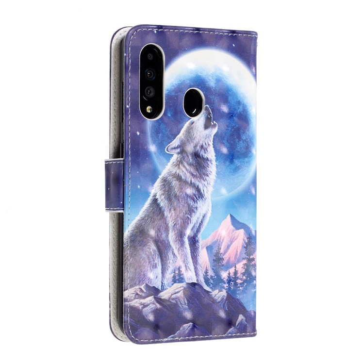 Pattern Printing Light Spot Decor Leather Wallet Phone Casing with Strap for Samsung Galaxy A40s - Moonlight and Wolf-4