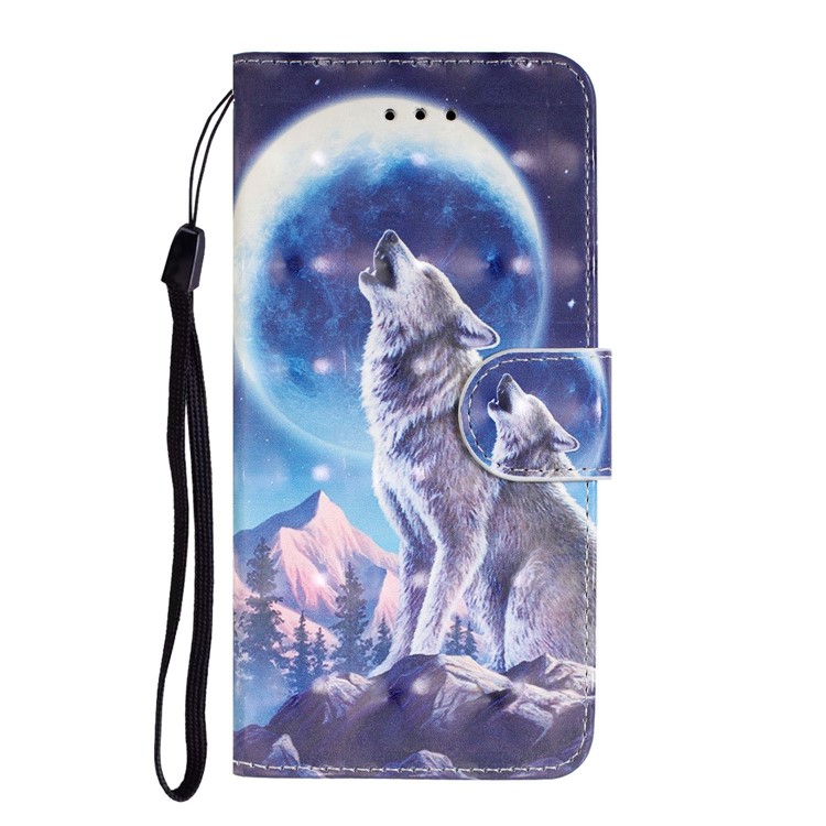 Pattern Printing Light Spot Decor Leather Wallet Phone Casing with Strap for Samsung Galaxy A40s - Moonlight and Wolf-5