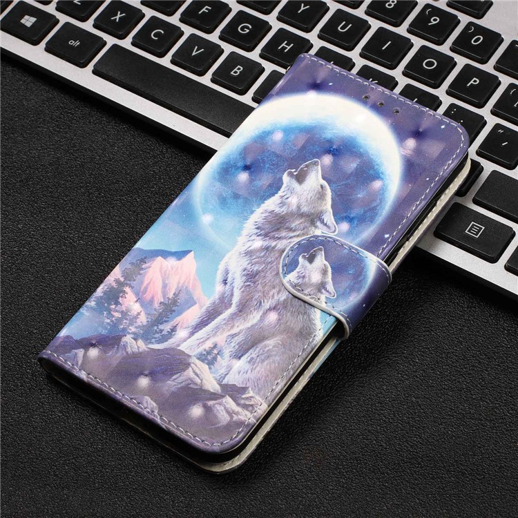 Pattern Printing Light Spot Decor Leather Wallet Phone Casing with Strap for Samsung Galaxy A40s - Moonlight and Wolf-8