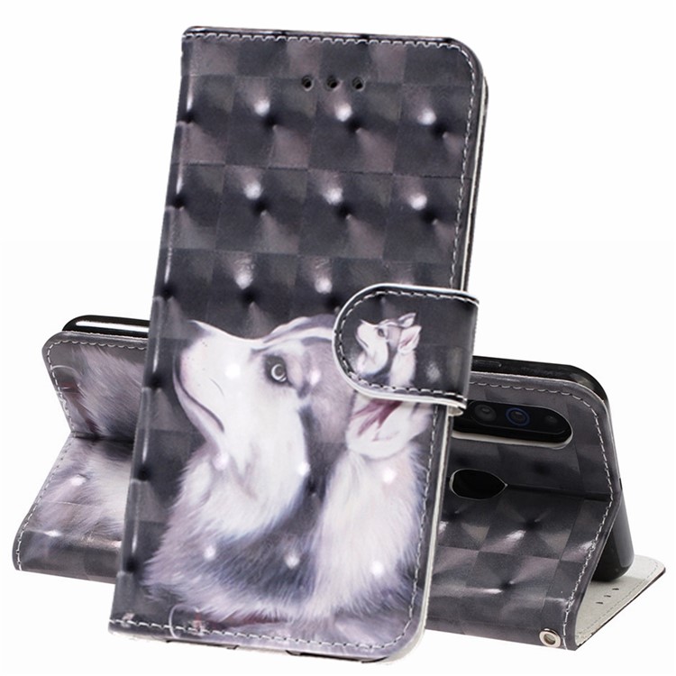 Pattern Printing Light Spot Decor Leather Wallet Phone Casing with Strap for Samsung Galaxy A40s / M30 - White Wolf-1