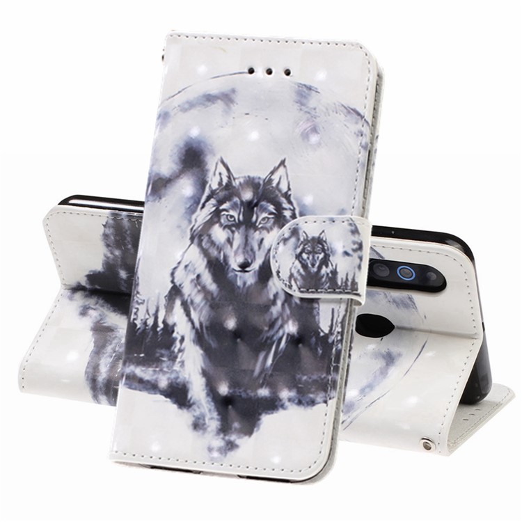 Pattern Printing Light Spot Decor Leather Wallet Phone Casing with Strap for Samsung Galaxy A40s / M30 - Wolf-1