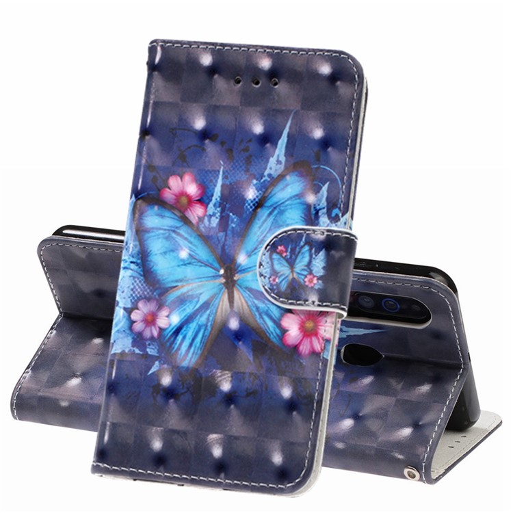 Pattern Printing Light Spot Decor Leather Wallet Phone Casing with Strap for Samsung Galaxy A40s / M30 - Blue Butterflies-1