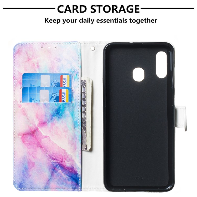 Shock-proof Pattern Printing Wallet Leather Phone Shell with Strap for Samsung Galaxy A20e - Colorful Stone Grain-3