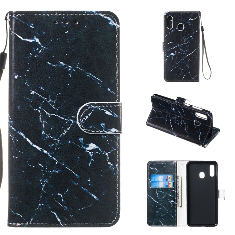 Shock-proof Pattern Printing Wallet Leather Phone Shell with Strap for Samsung Galaxy A20e - Black Stone Grain-1